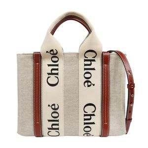 Chloe Woody Small Tote Bag Cotton Calf Leather Brown White